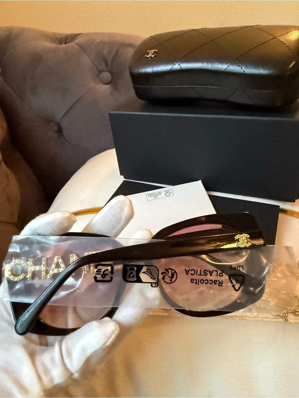 NEW CHANEL Tortoiseshell Square Sunglasses with Gold Logo Temples Brown Gradient